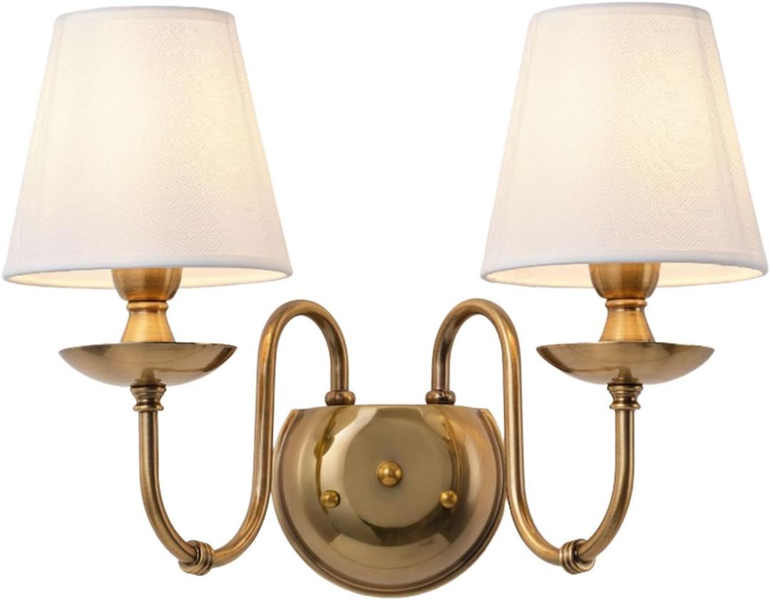 Aiwen 2-Light Bedroom Wall Lamps Polished Solid Brass Finish Wall Lights with White Flax Fabric Shade Vintage Reading Lights Wall Sconces for Bedside Hallway E12