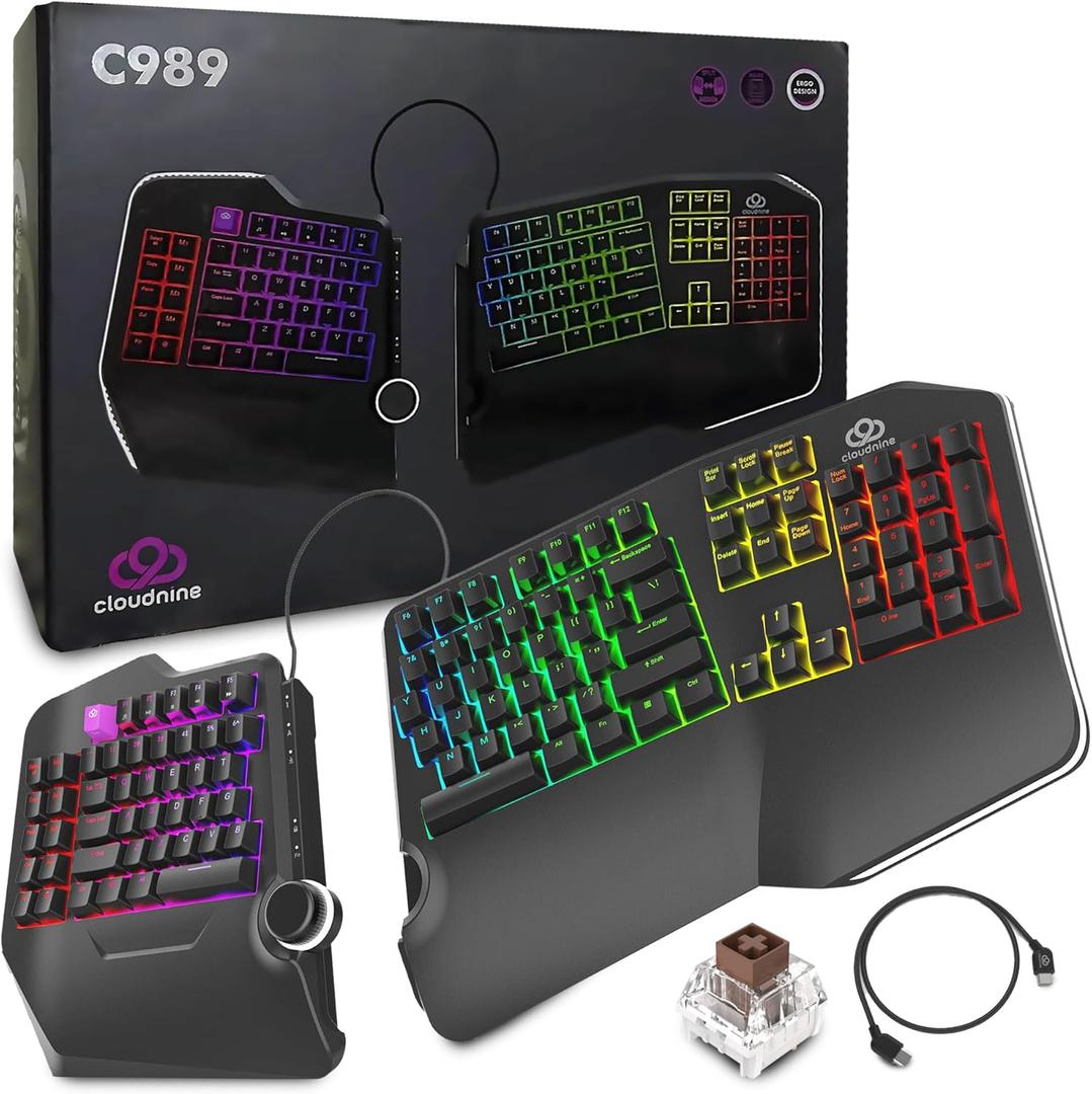 Cloud Nine C989M Ergonomic Mechanical Keyboard for PC - Kailh Tactile Brown Switches - RGB Light Up LED Backlit with USB - Ergo Split Key Board with Macro