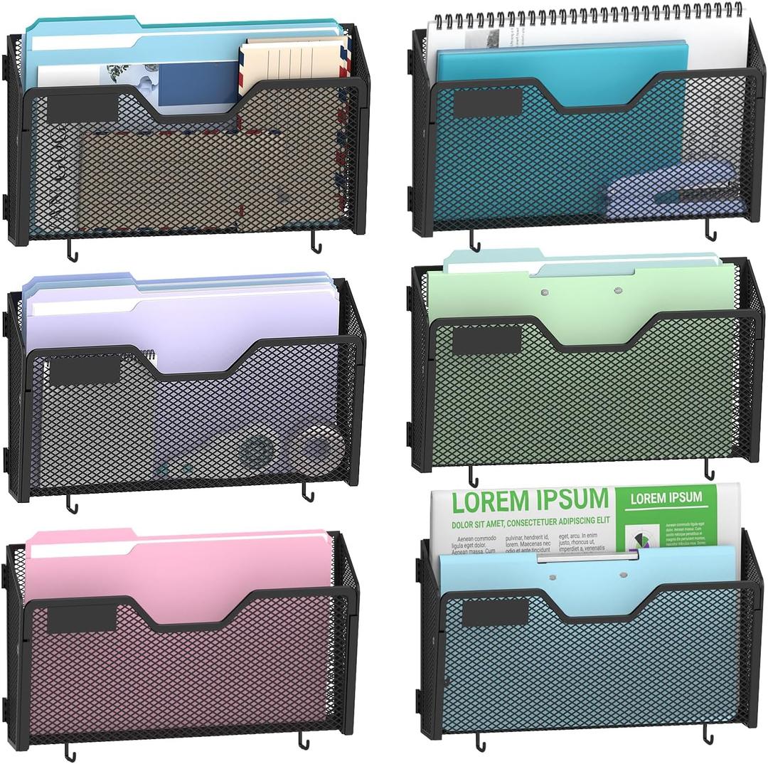SUPEASY 6 Pack Wall File Organizer, Wall Mounted File Holder with Hooks, Metal Mesh Mail Organizer for Office, Home & Classroom, Single Pocket with Label Panel