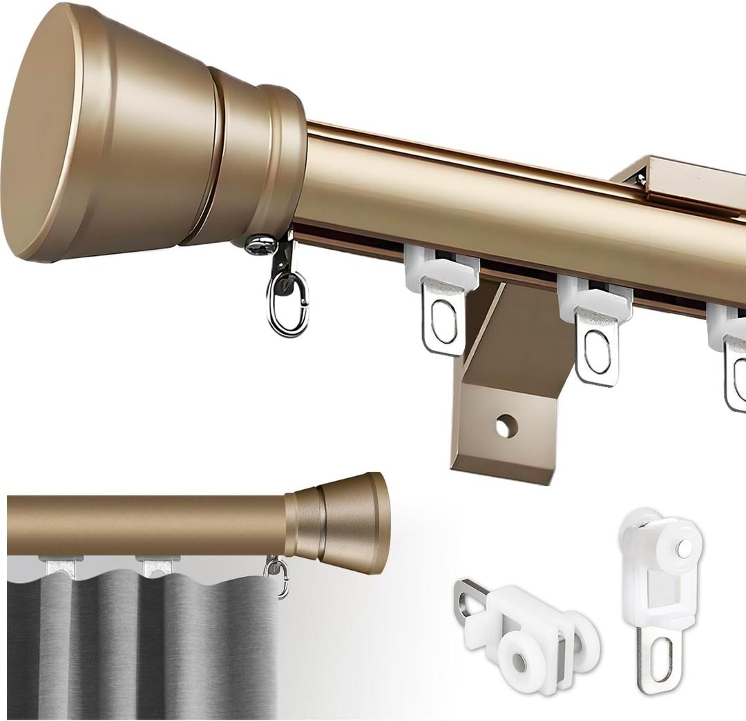 Single Curtain Track for Windows, 1.5m(4.9ft) Wall Mounted Heavy Duty Decorative Curtain rail with End Caps, Aluminum Brackets, Silent Wheels Easy to Install for Bedroom Living Room（Gold）
