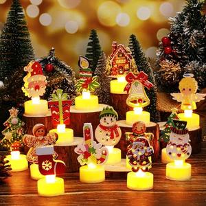 Handepo 15 Pcs Christmas Tea Lights Flameless Candles LED Battery Operated with Xmas Tree Santa Claus Snowman Gingerbread Bell Candy Sock Design Table Centerpiece Gift for Party Indoor Outdoor Decor