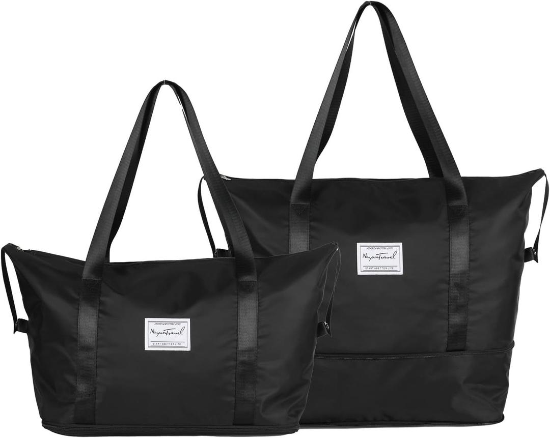 Foldable Travel Duffle Bag, Waterproof Weekender Carry On Tote Bags for Women Men, Sport Gym Hospital Bag for Labor Delivery, Handheld Luggage Bag with Trolley Sleeve, Black,1 Pack