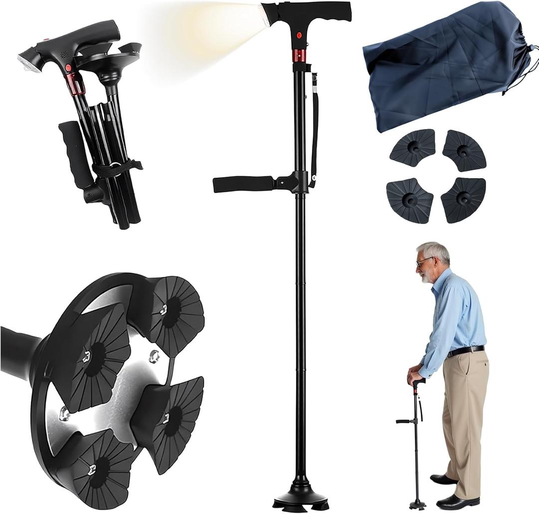 Walking Cane for Women & Seniors Balance  Foldable Adjustable Smart Cane for Men with LED Light & Alarm, Four-Leg Base & Double Handles, Lightweight Mobility Aid for Elderly Stability (Black)
