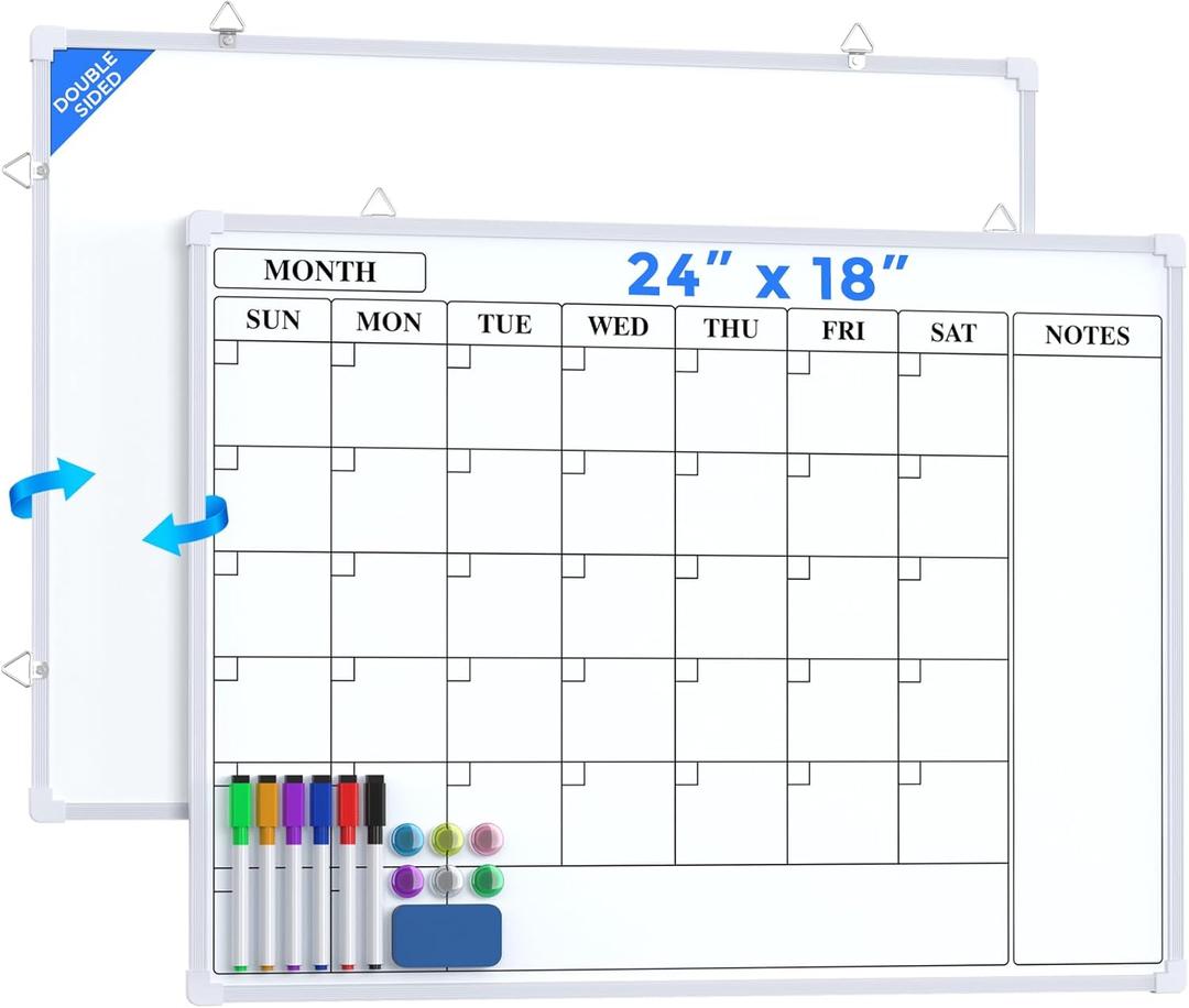 MaxGear Monthly Calendar Dry Erase Board for Wall, 24"x18" Magnetic Double-Sided White Board, Hanging Whiteboard for Planning, Drawing, Memo, to Do List, School, Home, Kitchen, Office