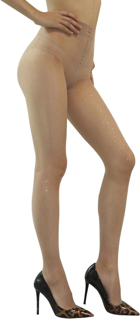 HTRUIYA Women's Sheer Shiny Silk Pantyhose Sexy Sparkle Sheer Tights Rhinestones Shimmery Tights (Beige)