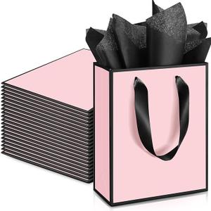 Yeaqee 24 Pack Metallic Paper Gift Bags 9x7x3.1 Light Pink and Black