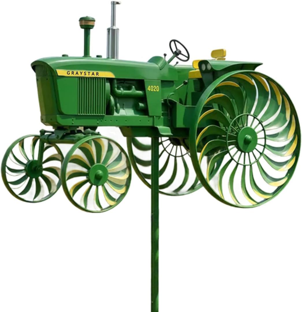 Garden Wind Spinner, Green Tractor Windmill Stake with Rotating Wheels for Patio Yard Garden, Unique Outdoor Sculptures Ornament Gift for Friends Family (Tractor)