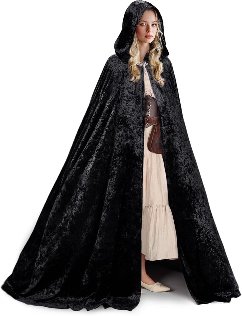 Ibeauti Velvet Cloak with Hood Women Full Length Halloween Witch Vampire Renaissance Medieval Costume Cape (Black)