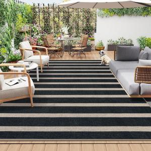 Lahome Striped Easy Jute Outdoor Rug 8x10, Washable Living Room Patio Rug Black Indoor Outdoor Carpet, Farmhouse Geometric Non Slip Non Shedding Carpet for Office Backyard Dining Room