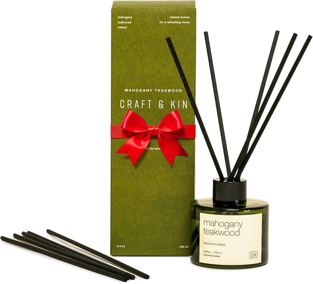 Craft & Kin Reed Diffuser Set Oakwood, Mahogany & Vetiver, Christmas Reed Diffusers for Home, Fragrance Diffuser Sticks, Oil Diffuser Sticks, Oil Diffuser with Sticks, Reed Diffuser for Men (Standard / 3.4 oz)