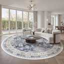 zesthome 9ft Round Rugs for Living Room, Non-Slip Washable Round Area Rugs, Ultra-Thin Large Circle Rugs, Soft Low Pile Rug for Bedroom, Kitchen - Vintage Stain Resistant Round Rug (Blue/Beige,9'x9')