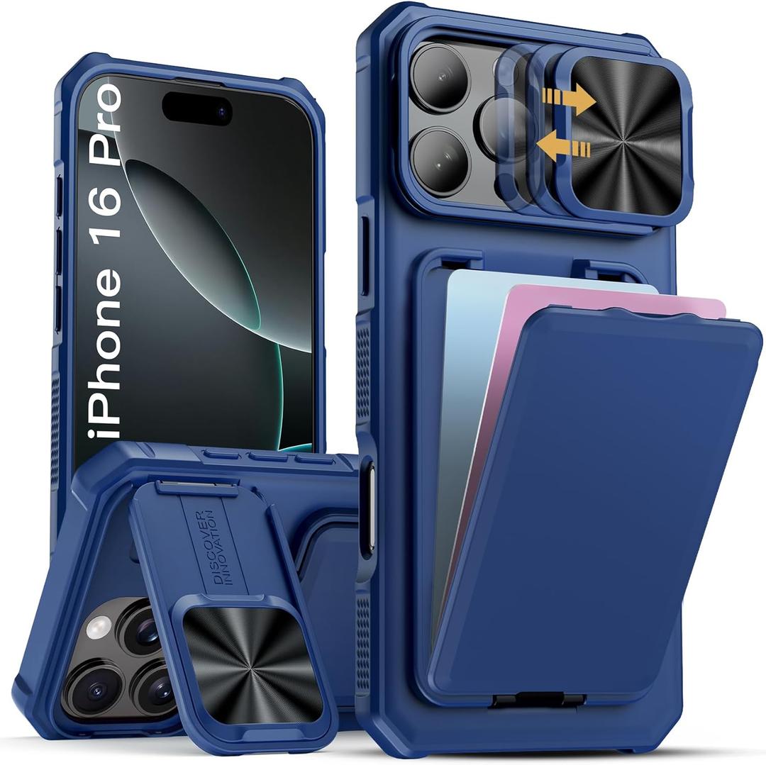 SSLOTSCASE for iPhone 16 Pro Case with Stand & Hidden Card Slot & Sliding Lens Cover [Military-Grade Protection] Heavy Duty Shockproof Wallet Case Cover for iPhone 16 Pro 2024, Blue | with Stand, Hidden Card Slot, Sliding Lens Cover, Heavy Duty, Shockproof