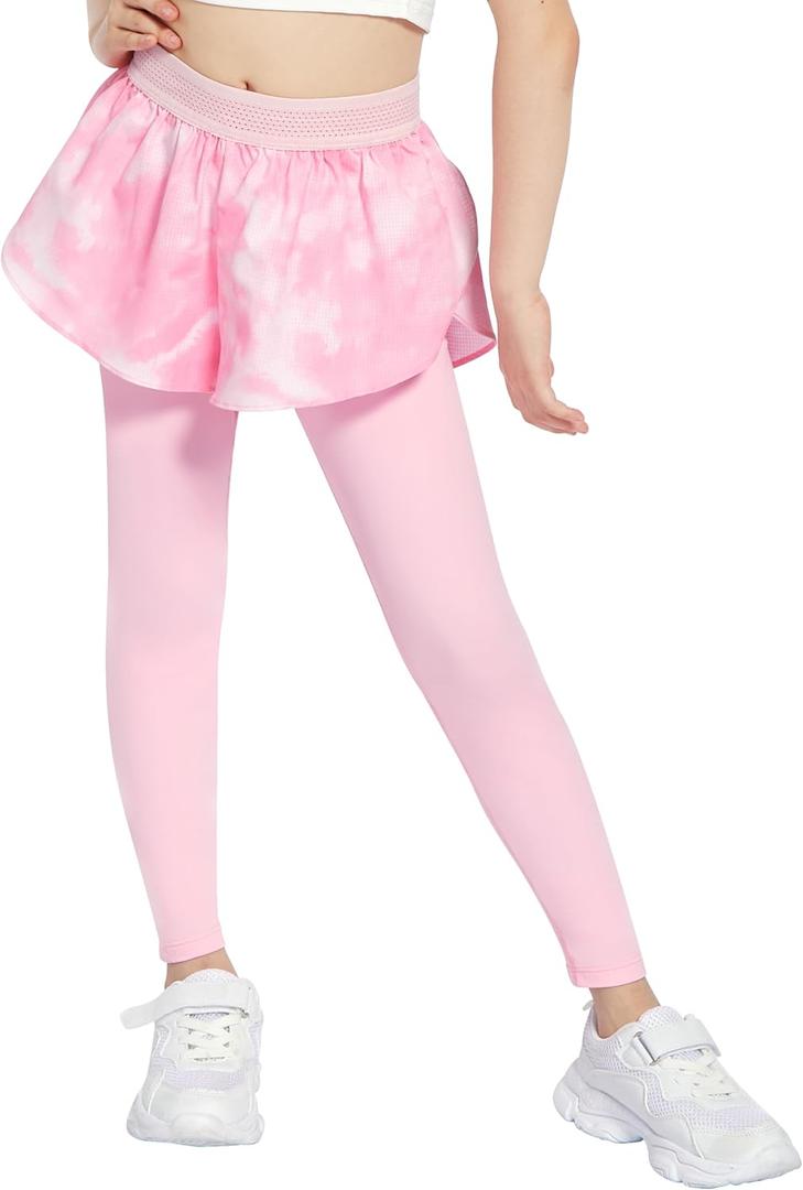 JiAmy 2 in 1 Girls Leggings with Skirt High Waisted Tennis Athletic Flowy Skort Legging for Kids (5-6 Years, Z-pink)