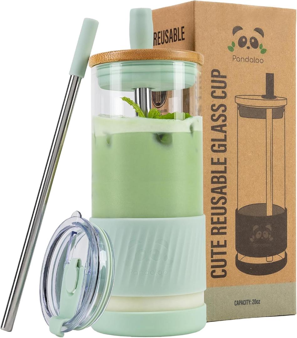 Pandaloo Glass Cups With Lids and Straws -20 Fl Oz- Perfect Size Iced Coffee Cup - Smoothie Cup With Bamboo Lid and On the go Lid (Sweet Sage, 1 Count (Pack of 1)