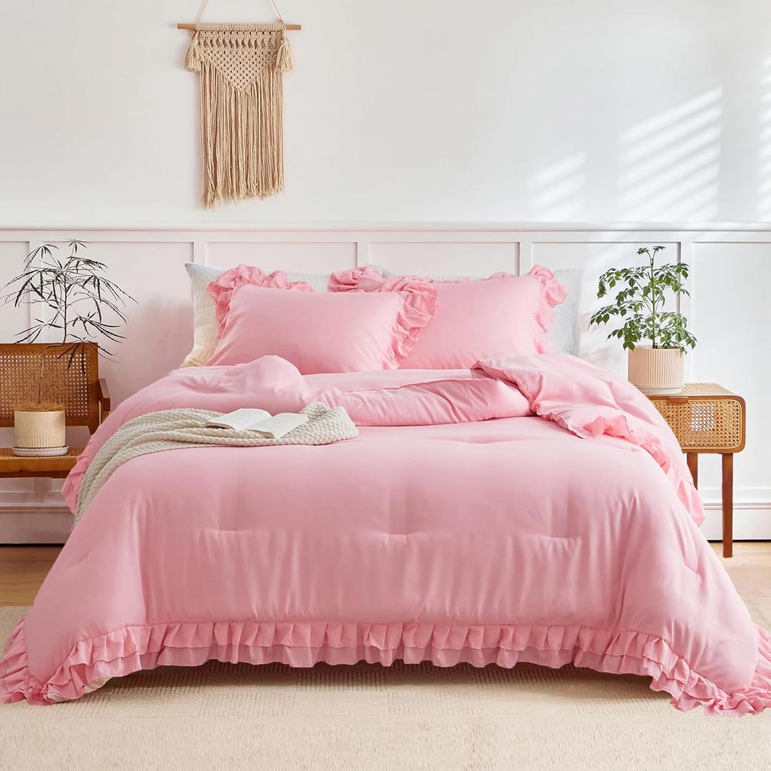 Pink Ruffle Comforter Set Full/Queen Size, 3 Pieces (1 Ruffled Comforter and 2 Pillowcases) Farmhouse Shabby Chic Style with 2 Layers Ruffle, Solid Color Lightweight Fluffy Bedding Sets for All Season
