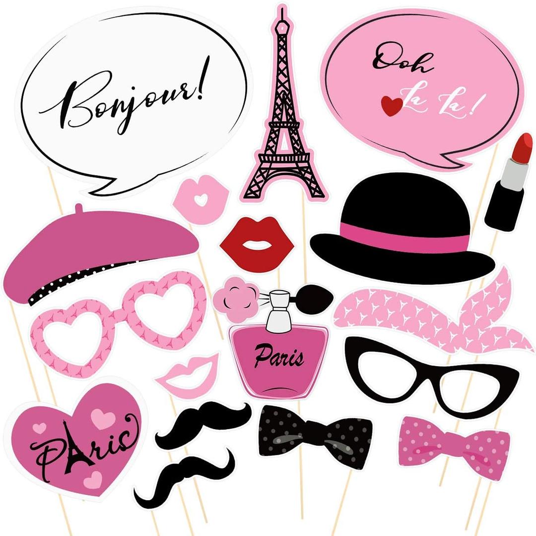 Amosfun Paris Photo Booth Props Kit 18PCS Creative Paris Themed Party Props Decoration for Birthday Wedding Club Bachelor Party Favors Pink