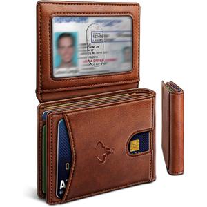 BULLIANT Men Wallet, Slim Leather Wallet Front Pocket Card Holder Gift For Men 11 Slots RFID Blocking (Brick Brown4767)