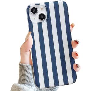Compatible with iPhone 13/14 CaseCute Aesthetic Striped Soft TPU Shockproof Phone Case for Women Girl-Navy Blue