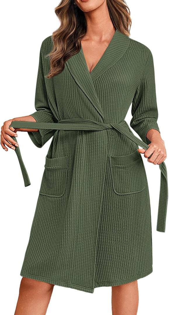 Ekouaer Robes for Women Waffle Knit Bathrobe Lightweight Kimono Robe Knee Length Loungewear with Pockets Large