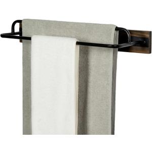 MyGift 2 Tier Wall Mounted Industrial Matte Black Metal Towel Holder Bar on Rustic Burnt Solid Wood, 18 Inch Dual Rails for Hanging Bathroom Hand Towels