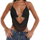 MakeMeChic Women's Crochet Halter Top Tie Open Back Metal Ring Draped Front Y2k Sexy Rave Party Going Out Tops Clubwear, L