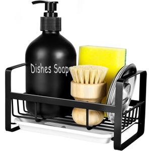 TEZZ Sponge Holder for Kitchen Sink- Stainless Steel Kitchen Sink Caddy for Organizing Sponge, Brush & Soap Dish Dispenser, coutertop Organizer Rack with Adhesive or Counter top, Black