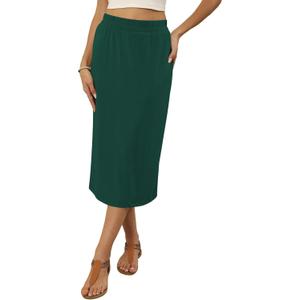 Naggoo Midi Skirts for Women Summer Elastic High Waisted Basic Straight Skirt with Slit (Green, L)