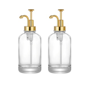 4 Pack Thick Clear Glass Jar Soap Dispenser with Gold Pump, 17ounce Clear Boston Round Bottles Dispenser with Rustproof Pump, Coffee Syrup Dispenser Bar Accessories, Dish Soap Dispenser for Kitchen