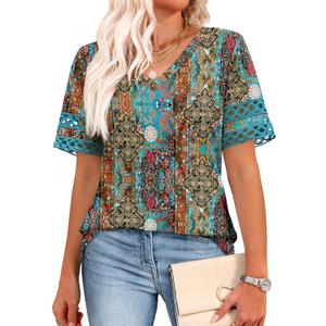 XIEERDUO Womens Summer Tops Dressy Casual Blouses for Women V Neck Short Sleeve Shirts Fashion Clothes Curved Hem Flowy (Blue, XXXL)