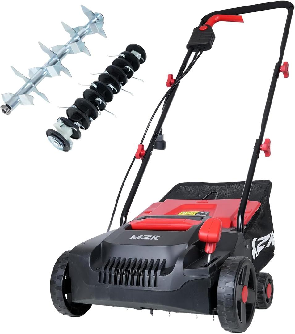 MZK 13-inch 13-Amp 2-in-1 Electric Dethatcher and Scarifier w/Removeable 4-Position Height Adjustment,Lawn dethatcher w/8-Gallon Thatch Collection Bag,Keep Lawn Health (Red)