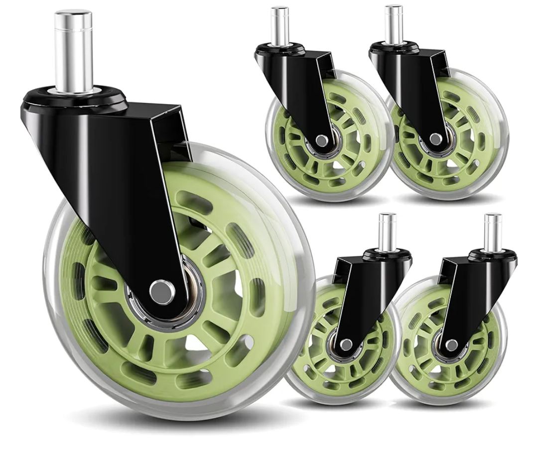 Green Office Chair Wheels 3" Inch Roller Blade Rubber Wheels Caster Replacement, 11mm Universal Fit Stem Heavy Duty Gaming Office Desk Stool Chair Wheel for Hardwood Floor Carpet - Set of 5