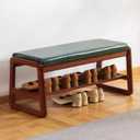 latifolia Solid Wood Bench, Entryway Shoe Bench with Cushion, 2 Tier Shoe Storage Organizer for Hallway, Living Room(Green,31.50''L)