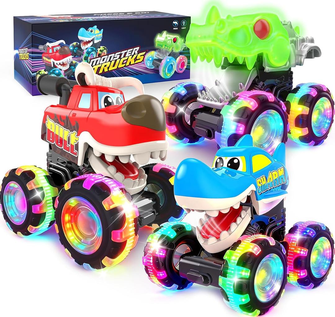 Pnooe Monster Truck Toys, 3 Pack Light Up Cars for Toddlers, Baby Animal Toy Trucks Dino Cars with LED Lightning Wheels, Press & Go Car with Moving Mouth for Kids Boys Girls Christmas Birthday Gifts