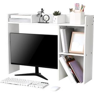 Briwooody Dorm Desk Bookshelf Desk Hutch Organizer with 5 Shelves and 3 Tier Desktop Hutch Storage Organizer for College Dorm Home Office Supply, 32.5 x 23.5 x 8 Inch (White)