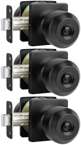 Haidms 3 Pack Matte Black Door Knobs Interior, Privacy Interior Door Knob for Bedroom or Bathroom Classic Black Round Doorknobs Hardware(Square Panel Interior Door Konbs)