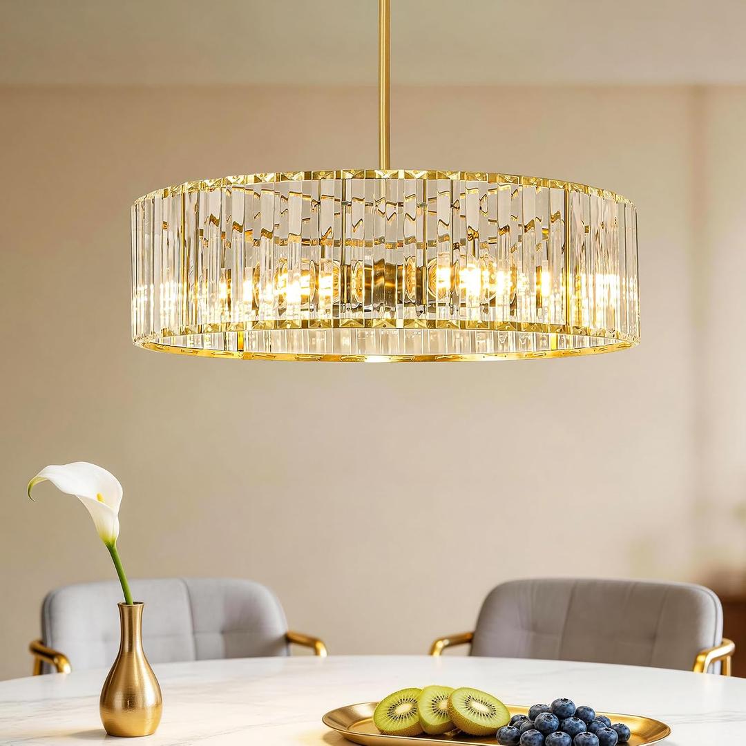Gold Crystal Chandelier for Dining Room, 6-Light Modern Semi Flush Mount Ceiling Lighting Fixtures, Round Kitchen Fixtures Ceiling, Hanging Drum Pendant Lights for Living Room Bedroom Foyer, 19IN, E26
