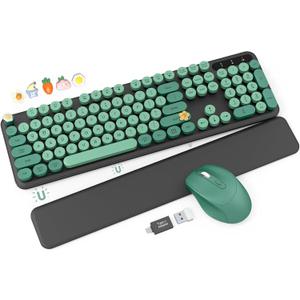 Wireless Keyboard and Mouse Combo - Cute Typewriter Keyboard with Detachable Wrist Rest, Retro Round Keycaps, Foldable Legs, 2.4GHz Keyboards for PC Laptop, Mac, Windows - Trueque (Black and Green)