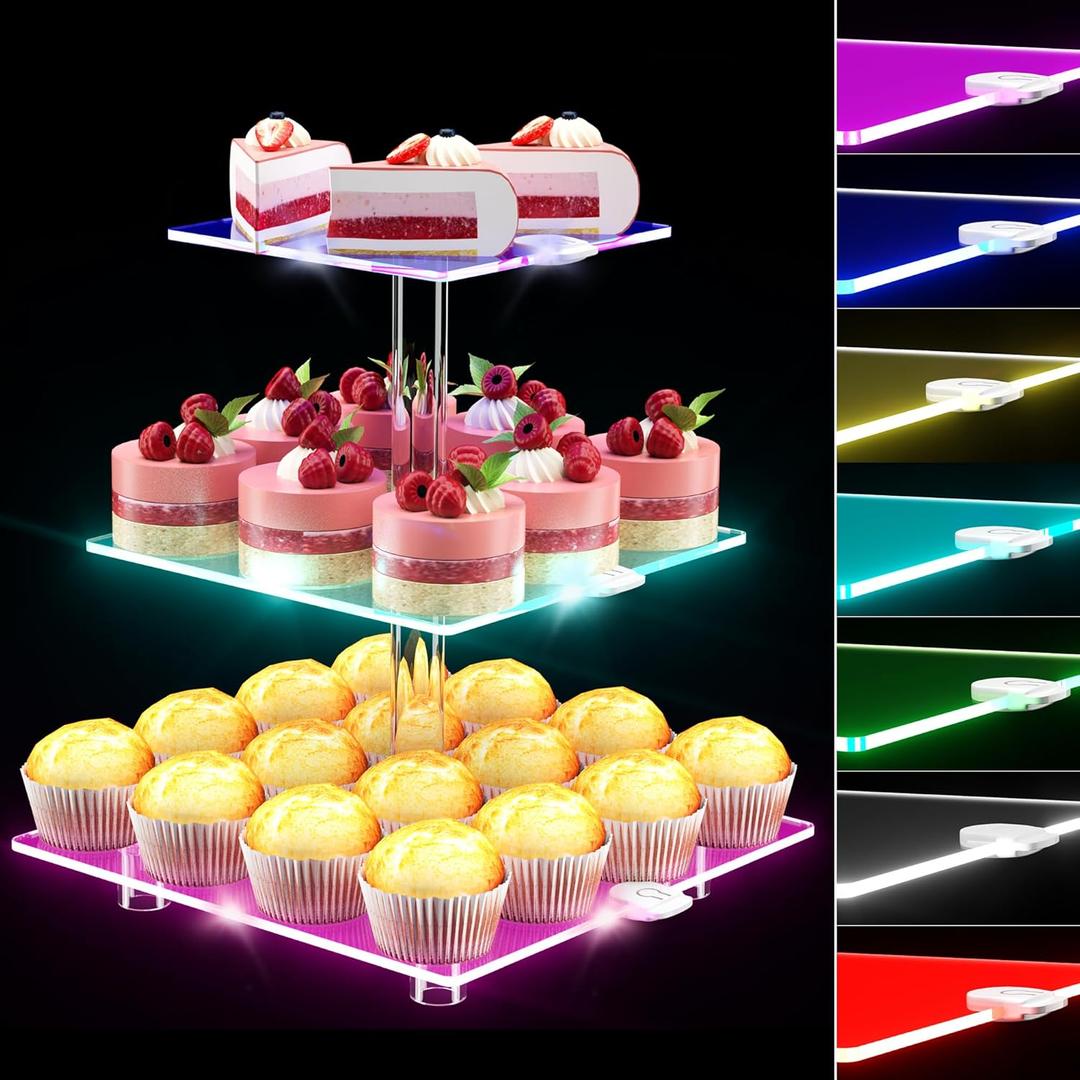 LED Acrylic Cupcake Stand, 3 Tier Cupcake Stand with Rechargeable Light, Clear Cupcake Tower Stand 24 Cupcakes, 7 color Cupcake Display Stands for Weddings, Birthdays,Party,Graduation