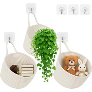 ShellKingdom Hanging Baskets, 3Pack Woven Wall Mounted Storage Basket with 3 Pcs Hooks, Boho Pouchs Bag Organizers for Home Office Living Room Bathroom Door Wall Decoration Caddy Bins (White)