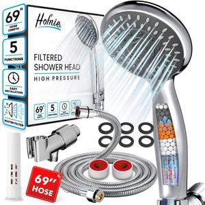 Filtered Shower Head with Handheld, High-Pressure 5 Spray Modes, 3-Stage Water Filter, Stainless Steel Hose, Adjustable Bracket, Water Softener, Shower Panel