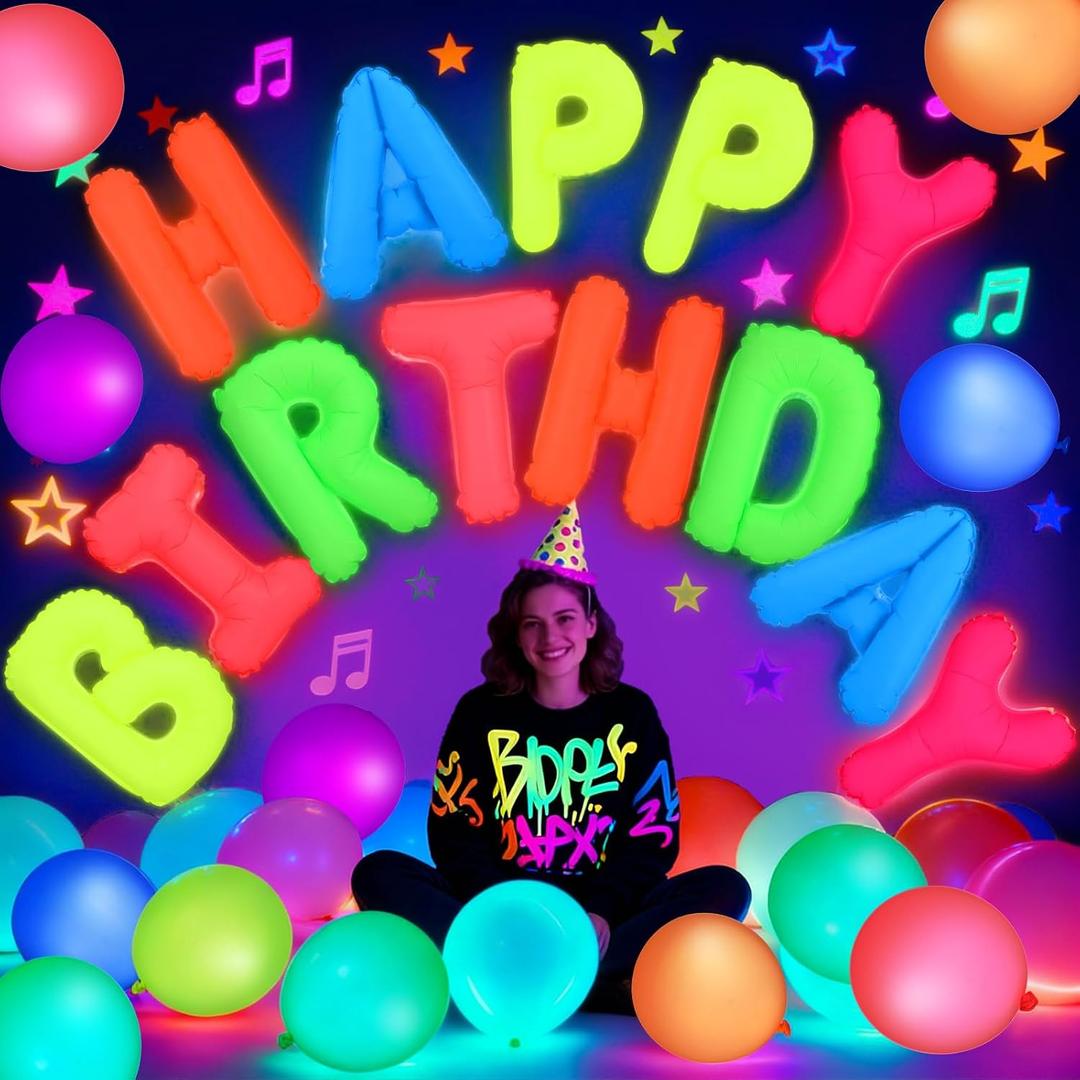 Gemscream 43 Pcs Glow in the Dark Party Supplies 16 Inch Fluorescent Happy Birthday Balloons Light up Balloons for Neon Birthday Wedding Party Decorations