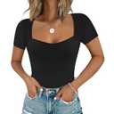 Chunpin Women's Sexy Square Neck Short Sleeve Bodysuit Double Lined Tops Thong Bodysuit Black, L