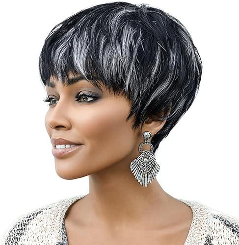 DOcute Black and Grey Short Cut Wigs For Black Women Salt And Pepper For Women Pixie Human Glueless For Black Women Glueless Bob Short Wig Human Hair Pre Plucked Pre Cut No Knots And No Hair Loss