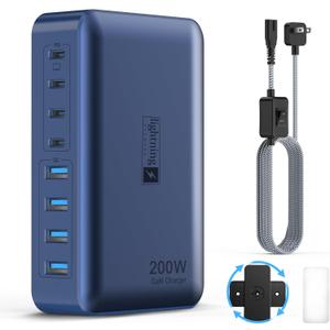 8-Port iPhone Charger Fast Charging 200W with Flat Plug, Braided Power Cord, and On/Off Switch- USB Charging Hub for iPhone, iPad, MacBook and More- 65W C Port Power Adapter for Laptops