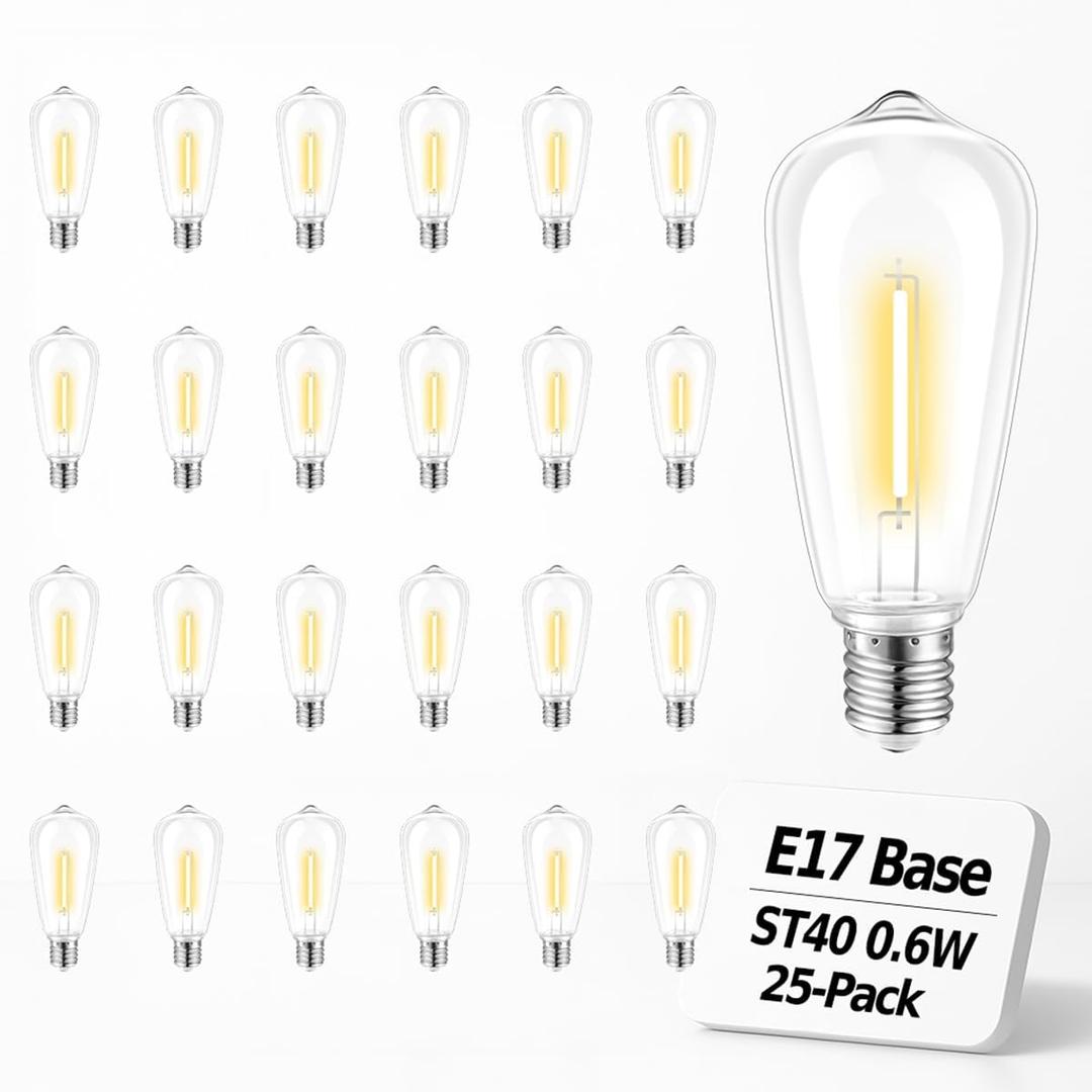 25 Pack ST40 LED Replacement Bulbs, Shatterproof Vintage Edison Bulbs for Outdoor String Lights, E17 Intermediate Base, 0.6W Ultra-Low Energy Saving, Warm White 2700K, Weather-Resistant