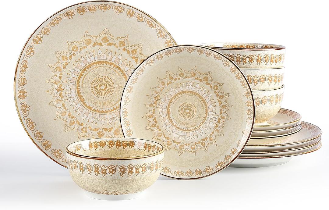 Sweejar Dinnerware Sets Service for 4, 12 pcs Porcelain Plates and Bowls for Kitchen, Housewaring Gift, Chip and Scratch Resistant Dish Set, Handmade Dishwasher and Microwave Safe Plate Set, Bohemian