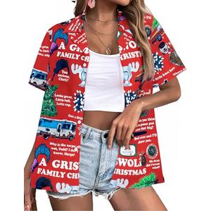 Christmas Shirt Women Happy New Year Xmas T-Shirt Funny Graphic Tee Button Down Short Sleeve Blouse Top Size XL