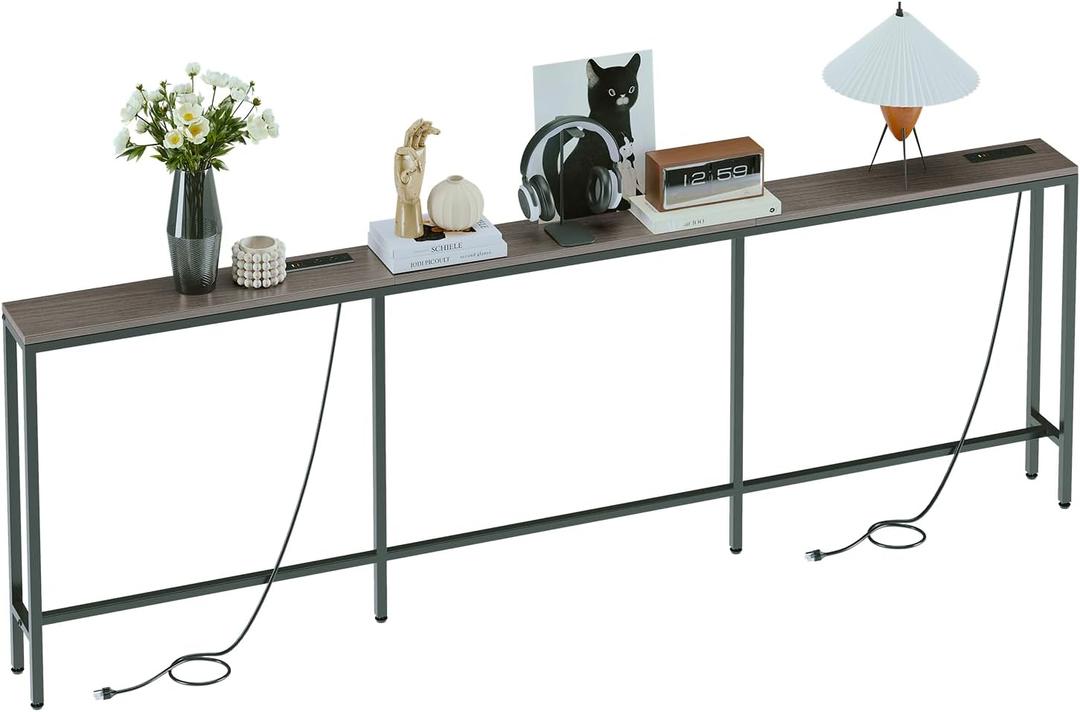 94.5" Behind Couch Table with 2 Fast Charging Stations, 7.1" Narrow Skinny Sofa Table with 4 Power Outlets, 4 USB-A, 2 USB-C for Console Entryway, Black Oak, 94.5"L x 7.1"W x 32.3"H