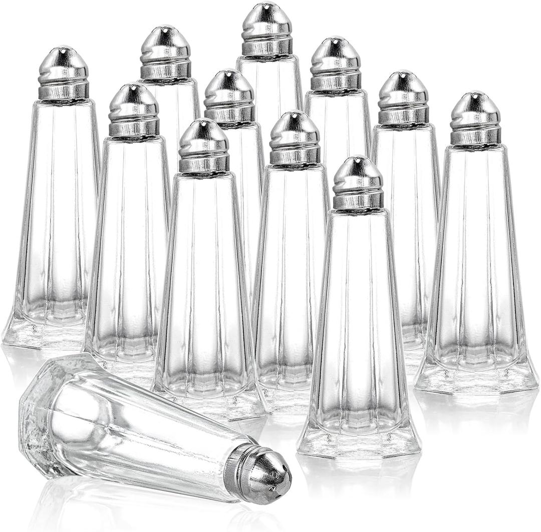 Yopay 12 Pieces Salt and Pepper Shaker Set, 1 oz Tower Glass Body Mini Restaurant Shakers with Stainless Steel Lids, Clear Curved Design