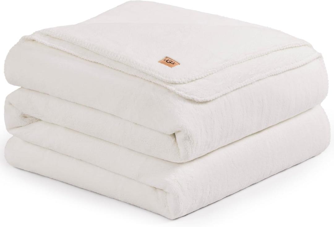 UGG Whitecap Full/Queen Blanket, Fleece Fluffy Blanket for Bed, Luxury Cozy Oversized Throw for Couch, Washable Hypoallergenic Queen Bedding, 90" x 90", White Snow